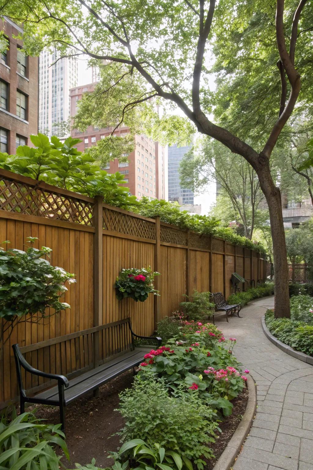 Wooden panels offer privacy and blend with nature.