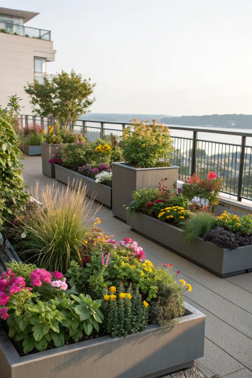 Multi-level planters provide a dynamic display of greenery.