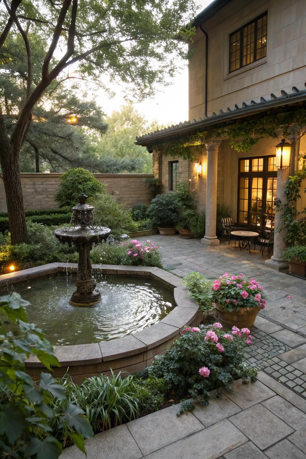 A calming water feature adds tranquility to a terrace setting.