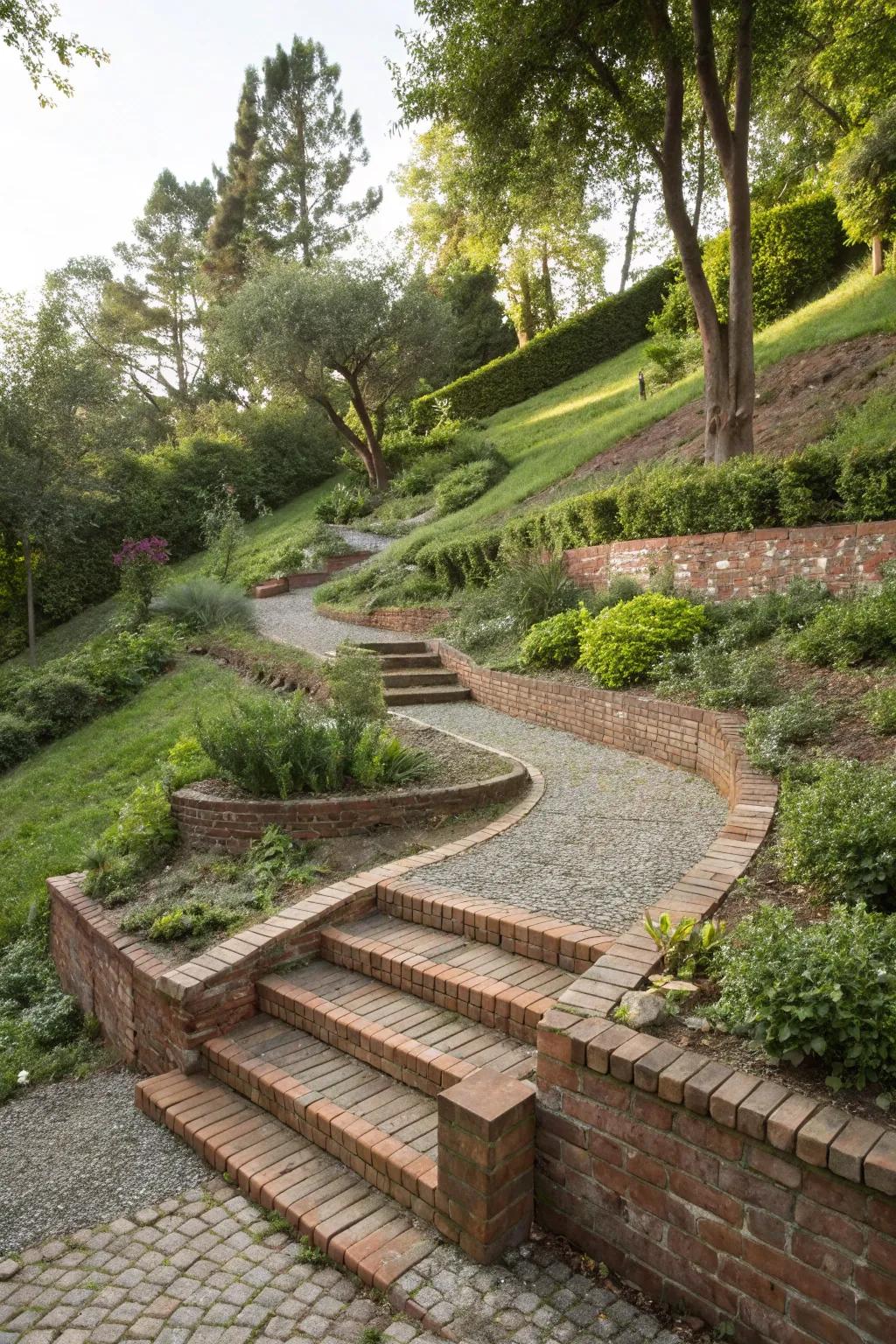 Terraced garden with DIY pathways crafted from pea gravel and bricks weaving through the slope.