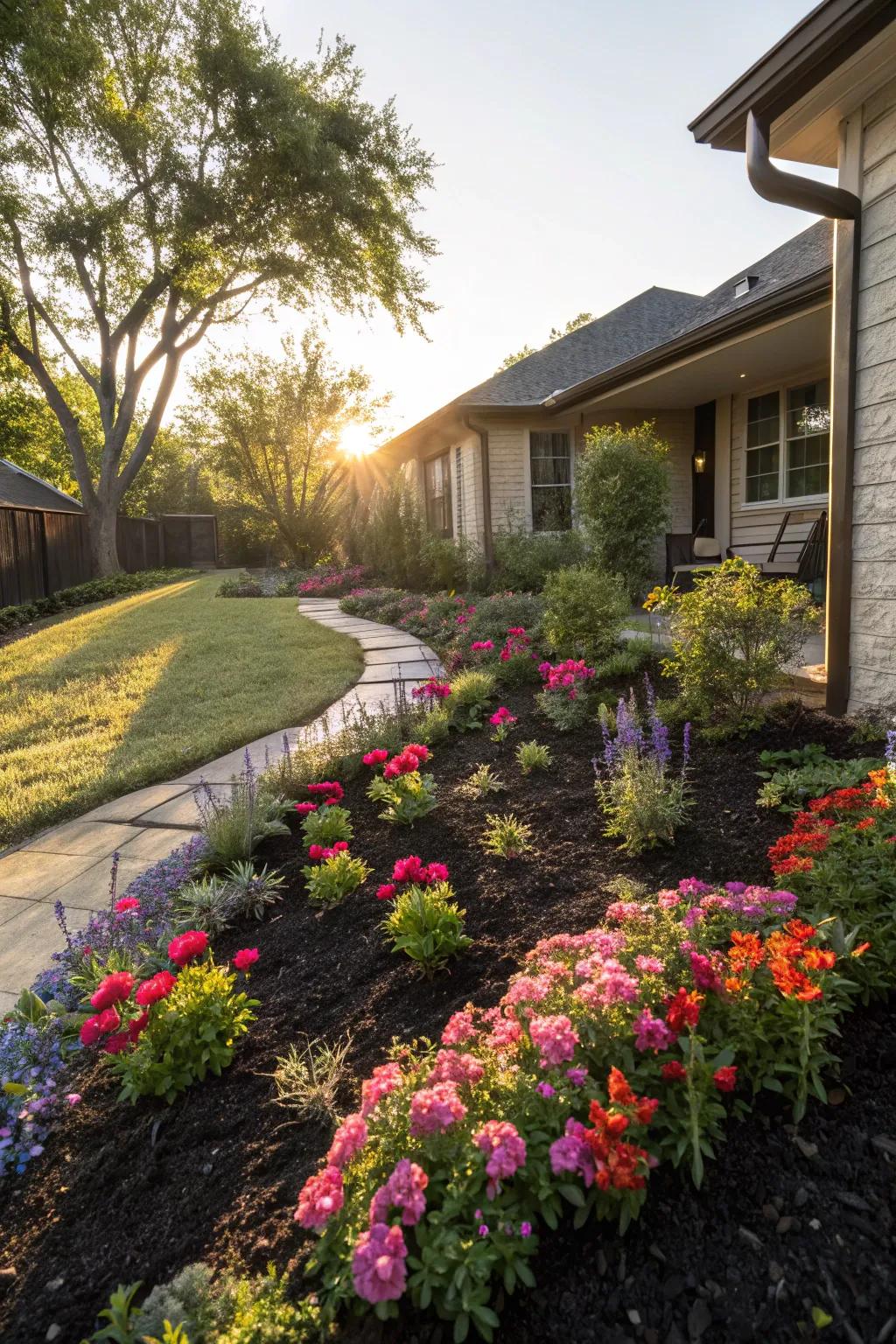 Dark mulch enhances the vibrant colors of Texas flowers.