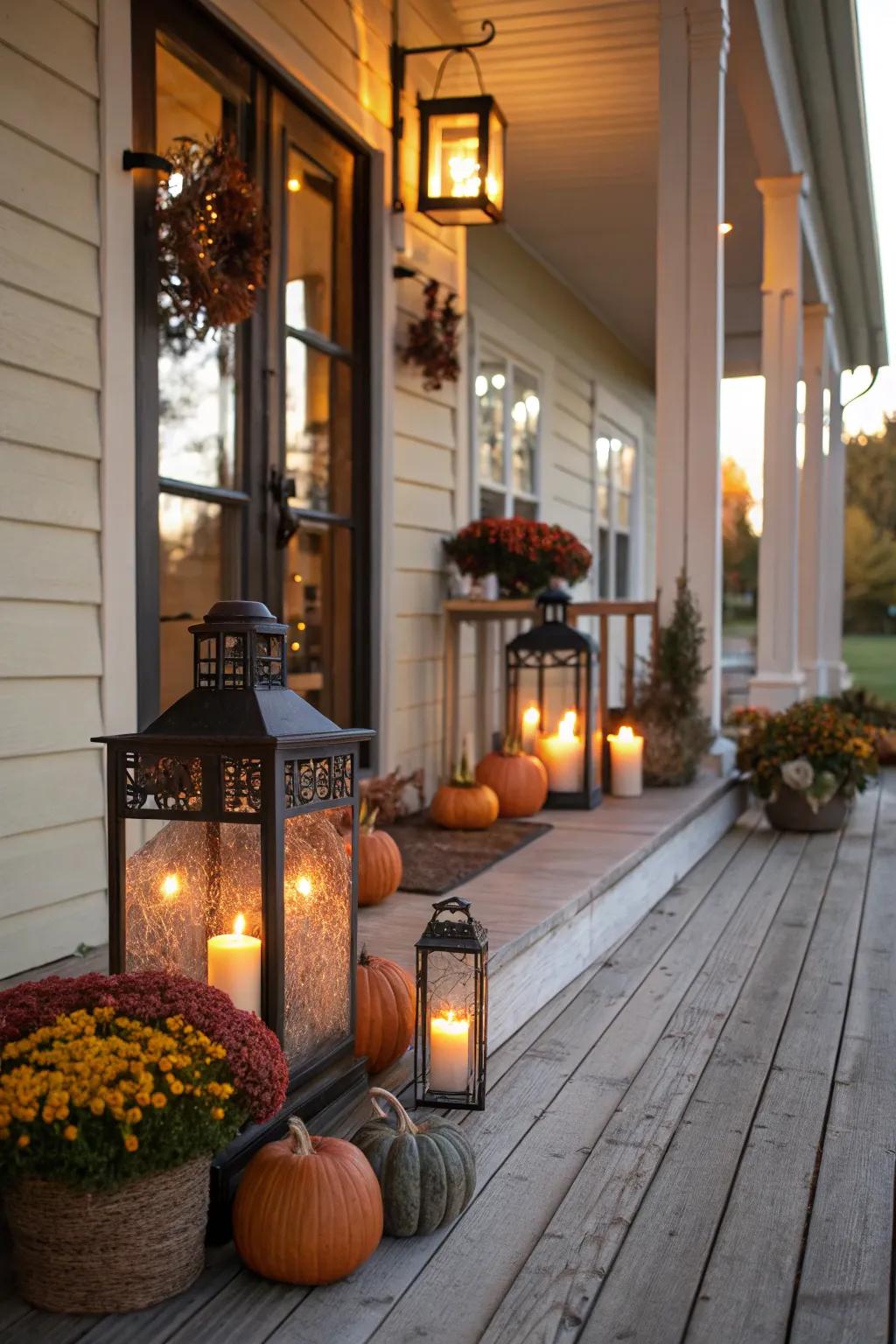 Lanterns and candles make for a cozy, inviting porch ambiance.