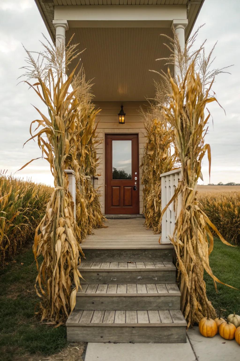 Tall corn stalks add a dramatic harvest touch.
