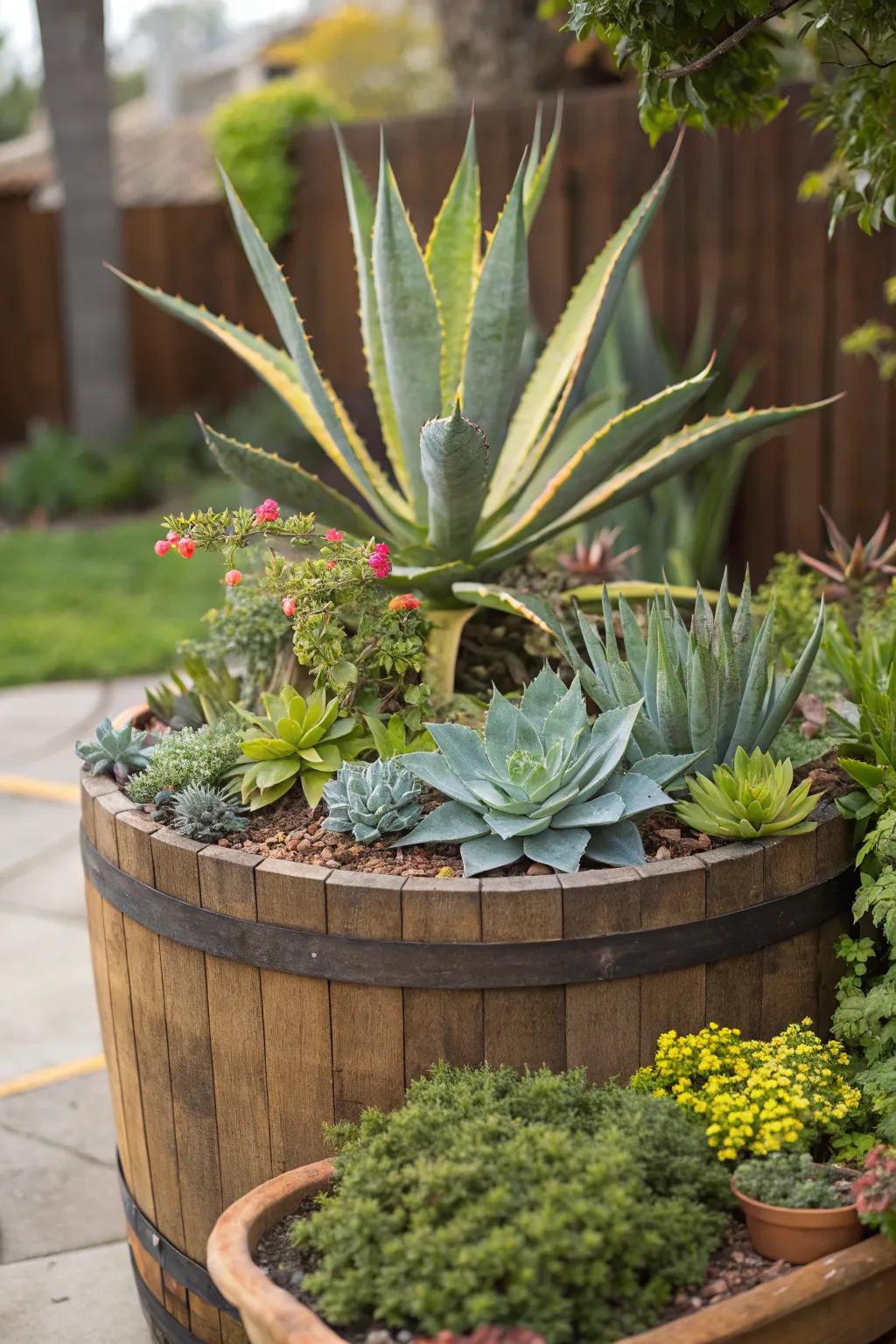 Agave providing a sculptural focal point in the arrangement.