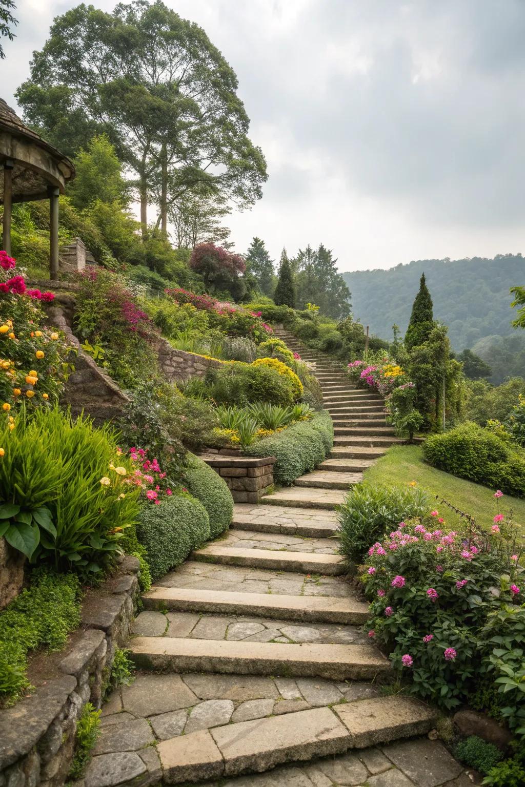 Pathways and stairs provide easy access to all garden levels.