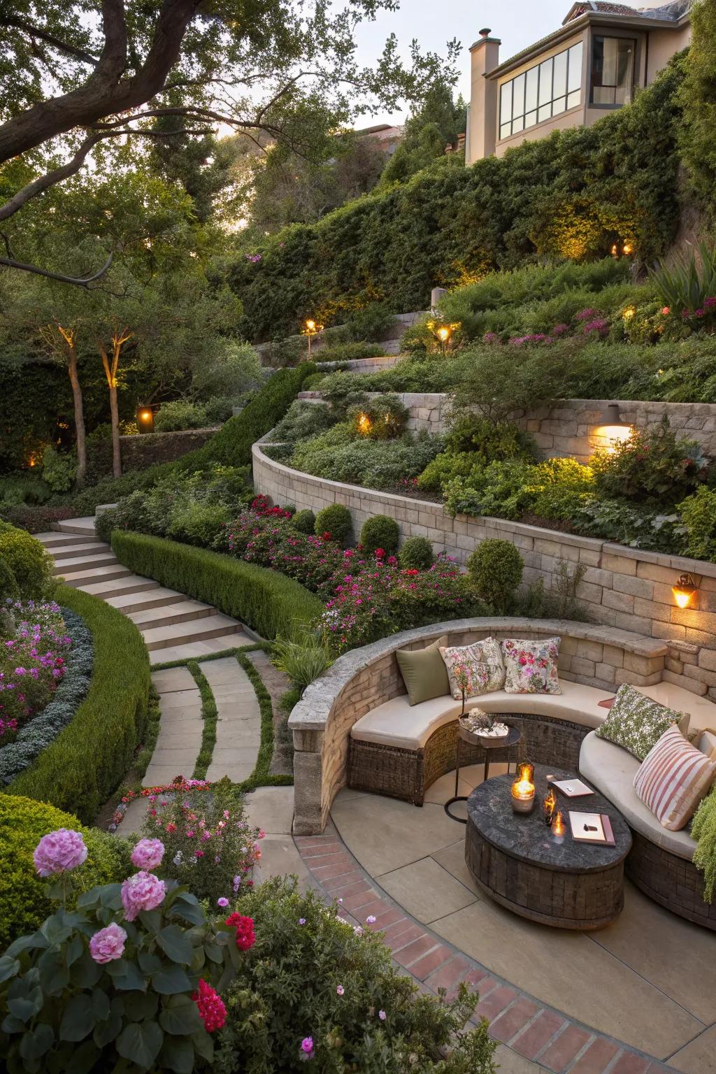 Seating areas in tiered gardens provide perfect spots for relaxation.