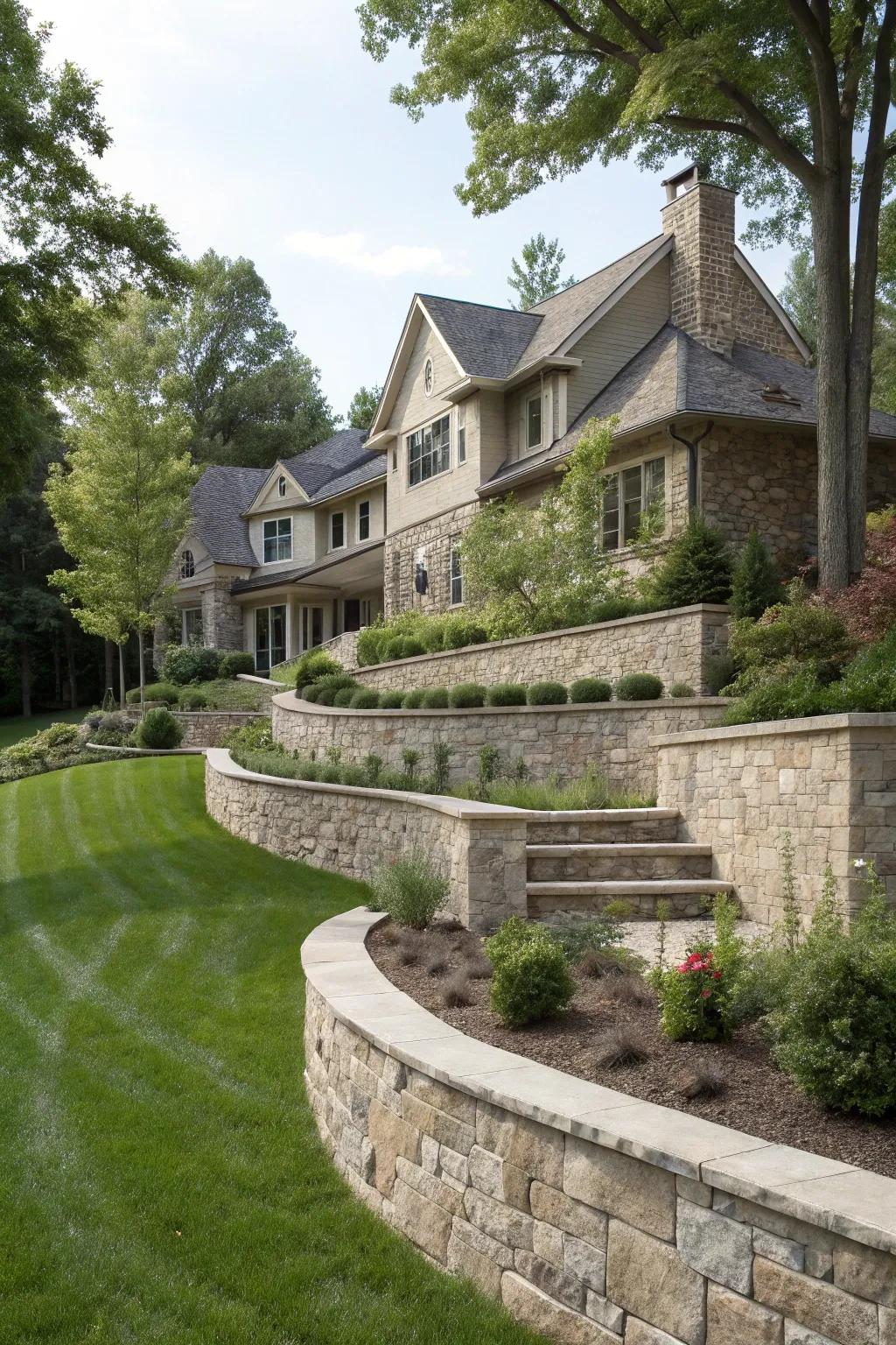 The retaining wall seamlessly integrates with the home's architecture, creating a unified look.
