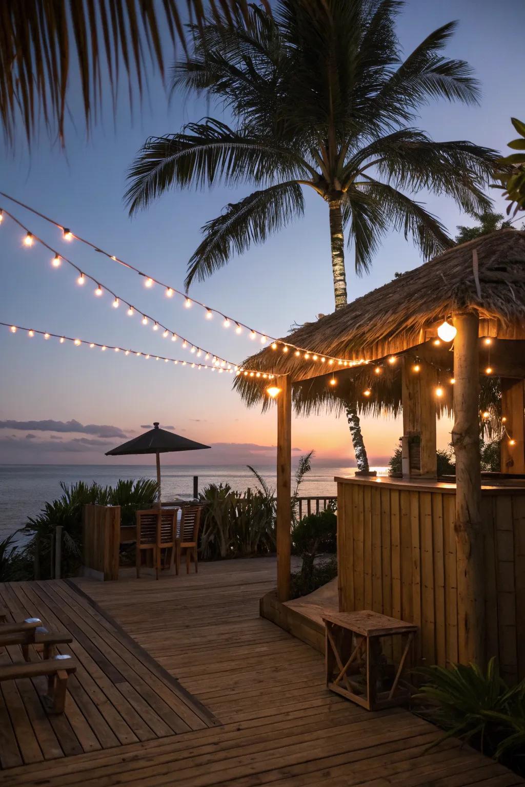 String lights add a magical glow to the tiki deck