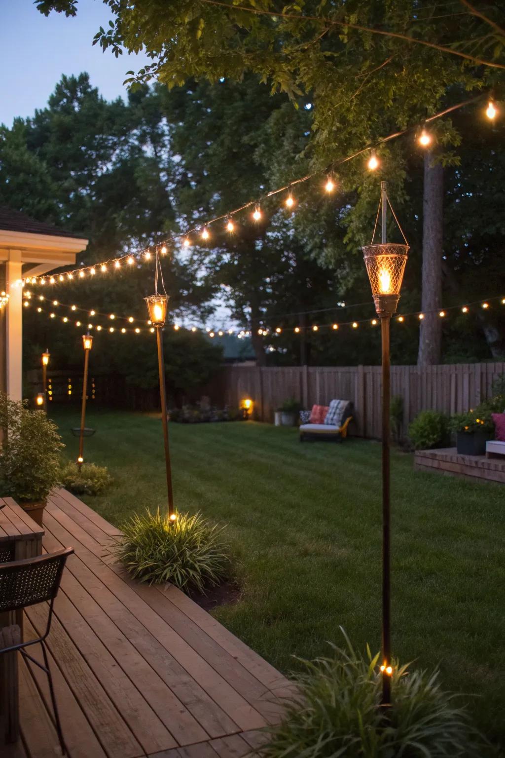 Combine string lights with tiki torches for a magical ambiance.