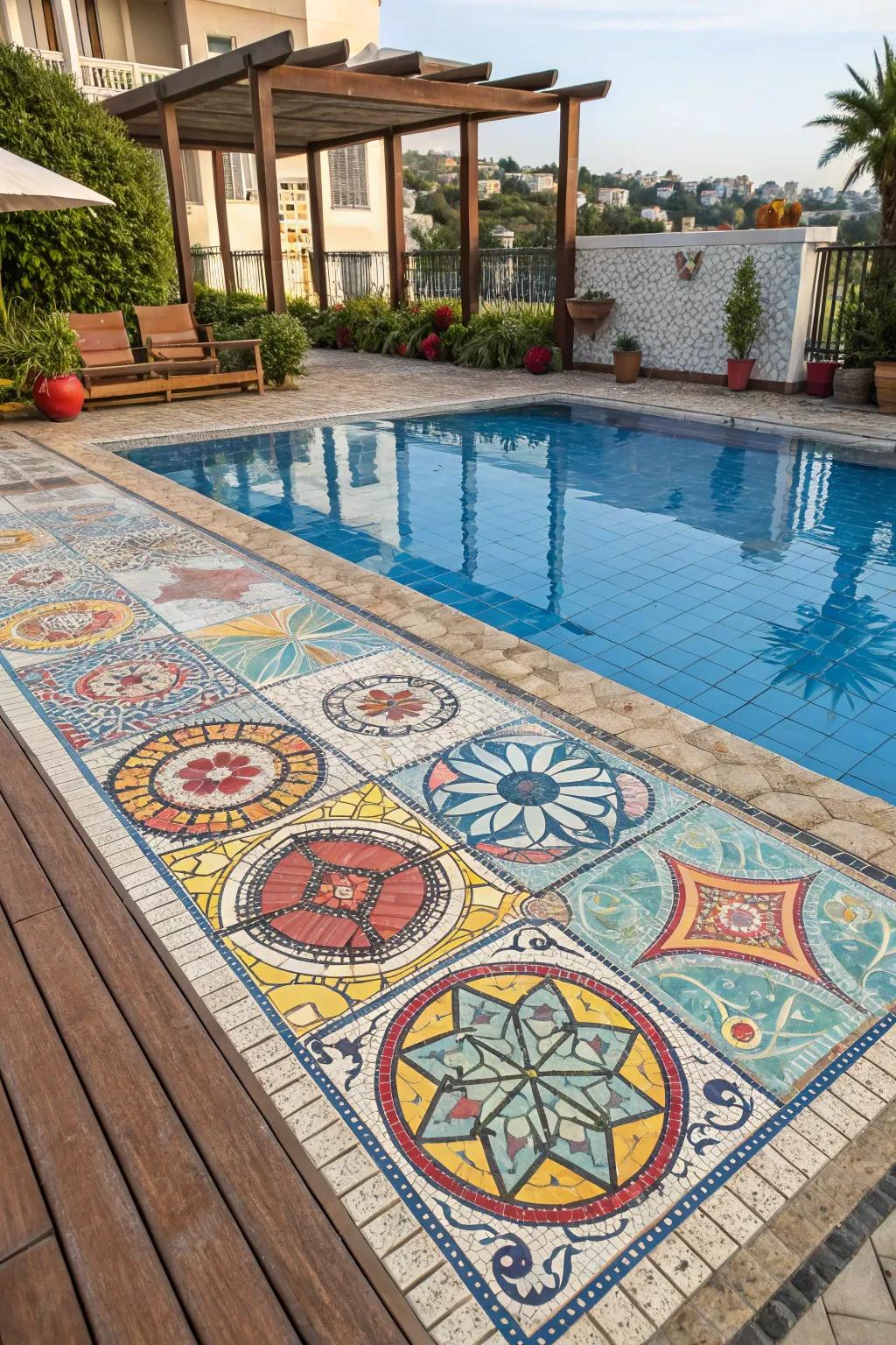 Mosaic tiles transform your pool deck into a work of art.