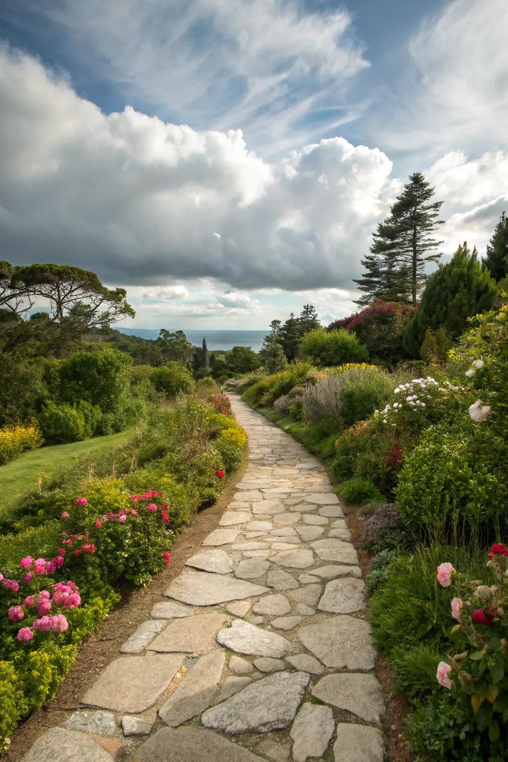 A natural stone pathway meandering through lush landscaping.