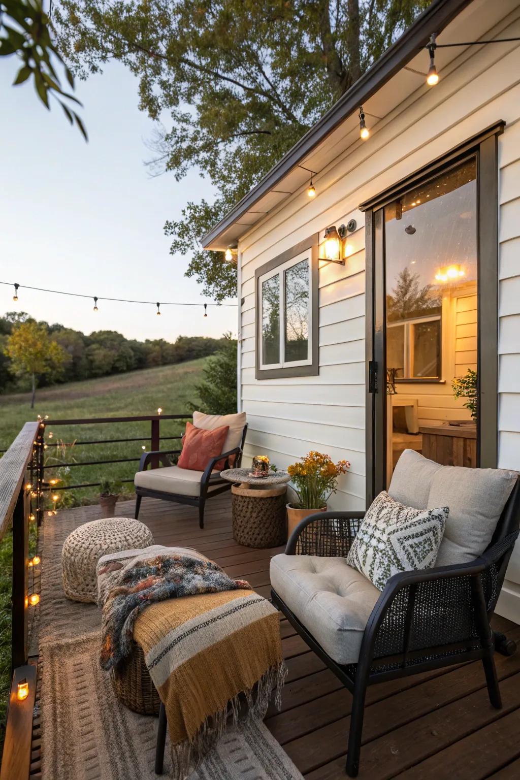 A cozy seating area makes the deck a perfect spot for relaxation.