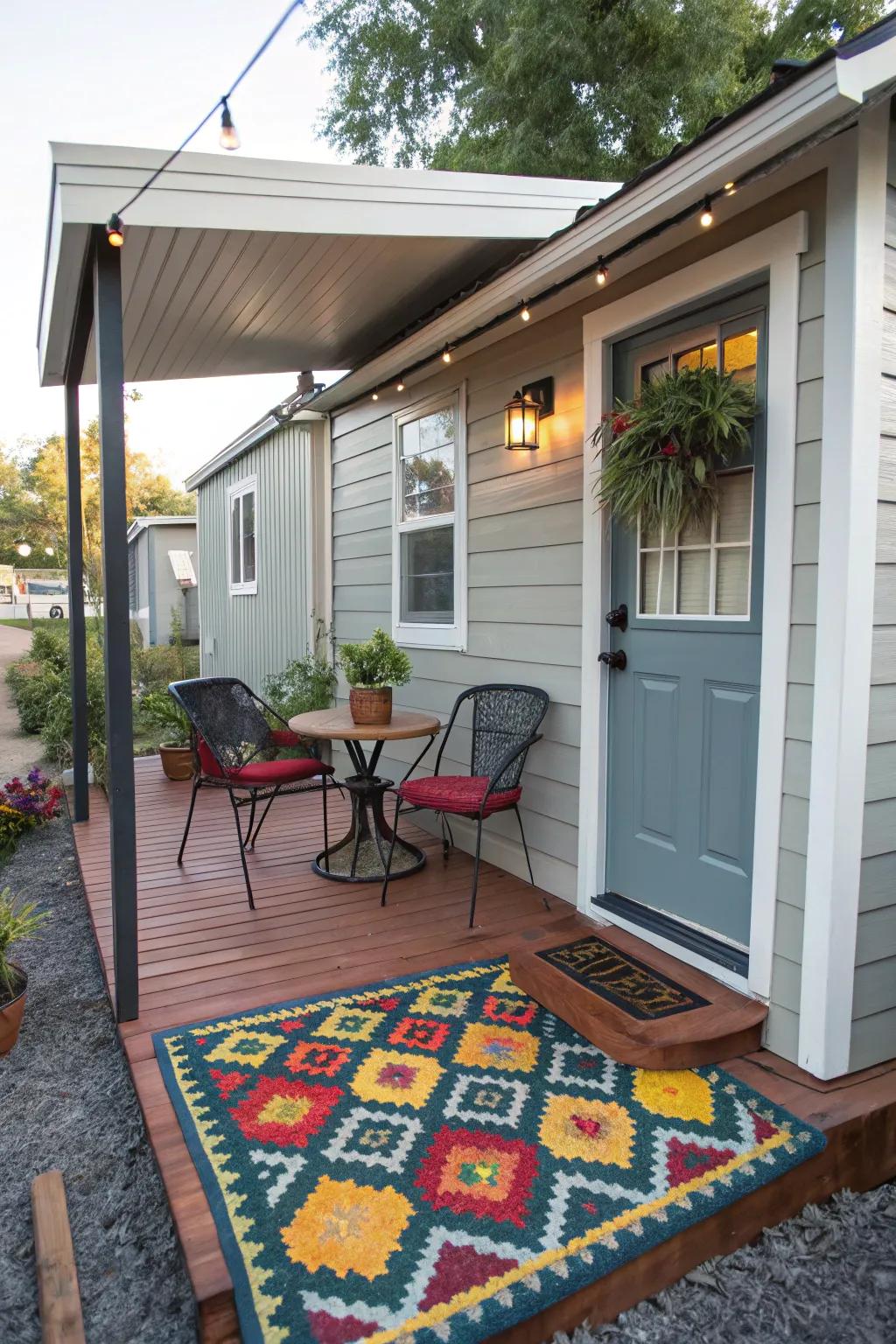 A cozy nook complete with a colorful rug.