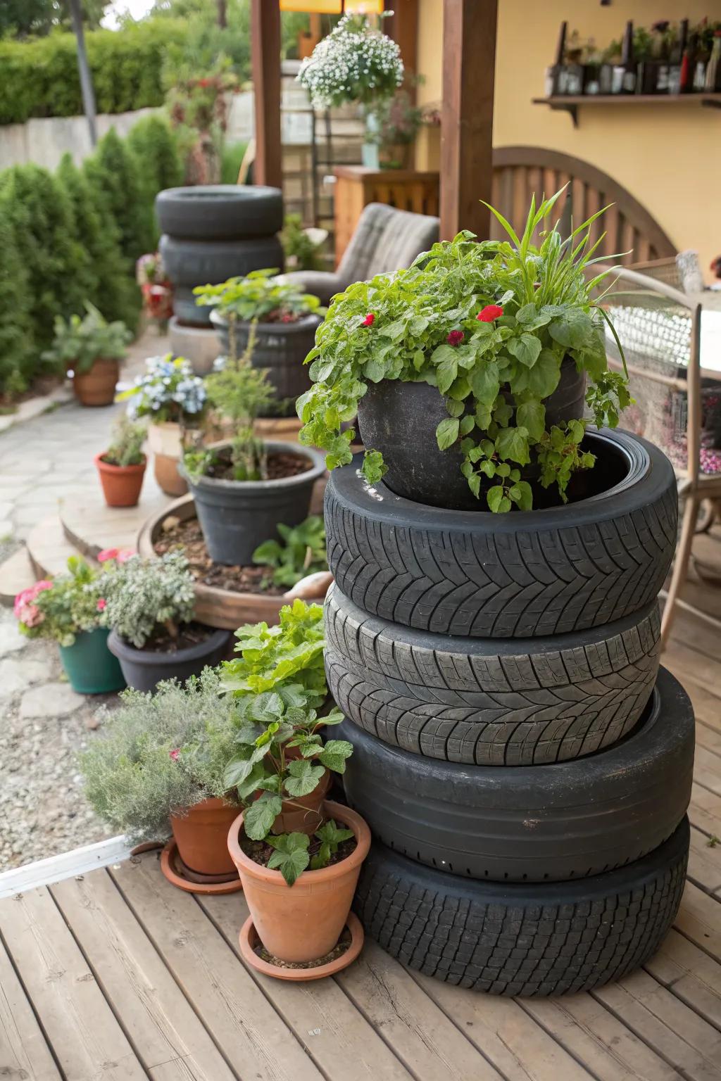 Tire terraces add height and interest to plant displays.