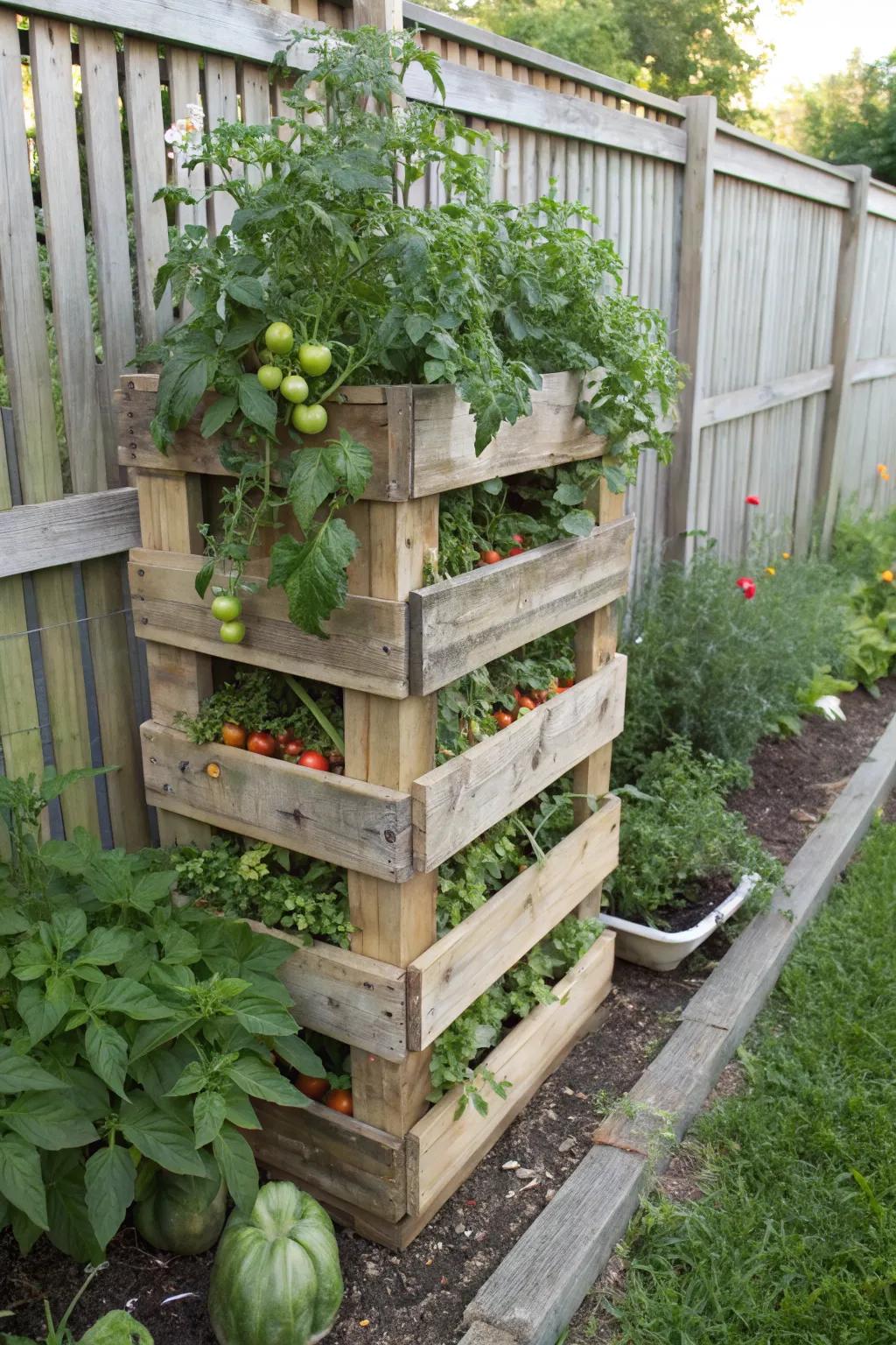 Pallet planters offer an eco-friendly, space-saving tomato growing solution.