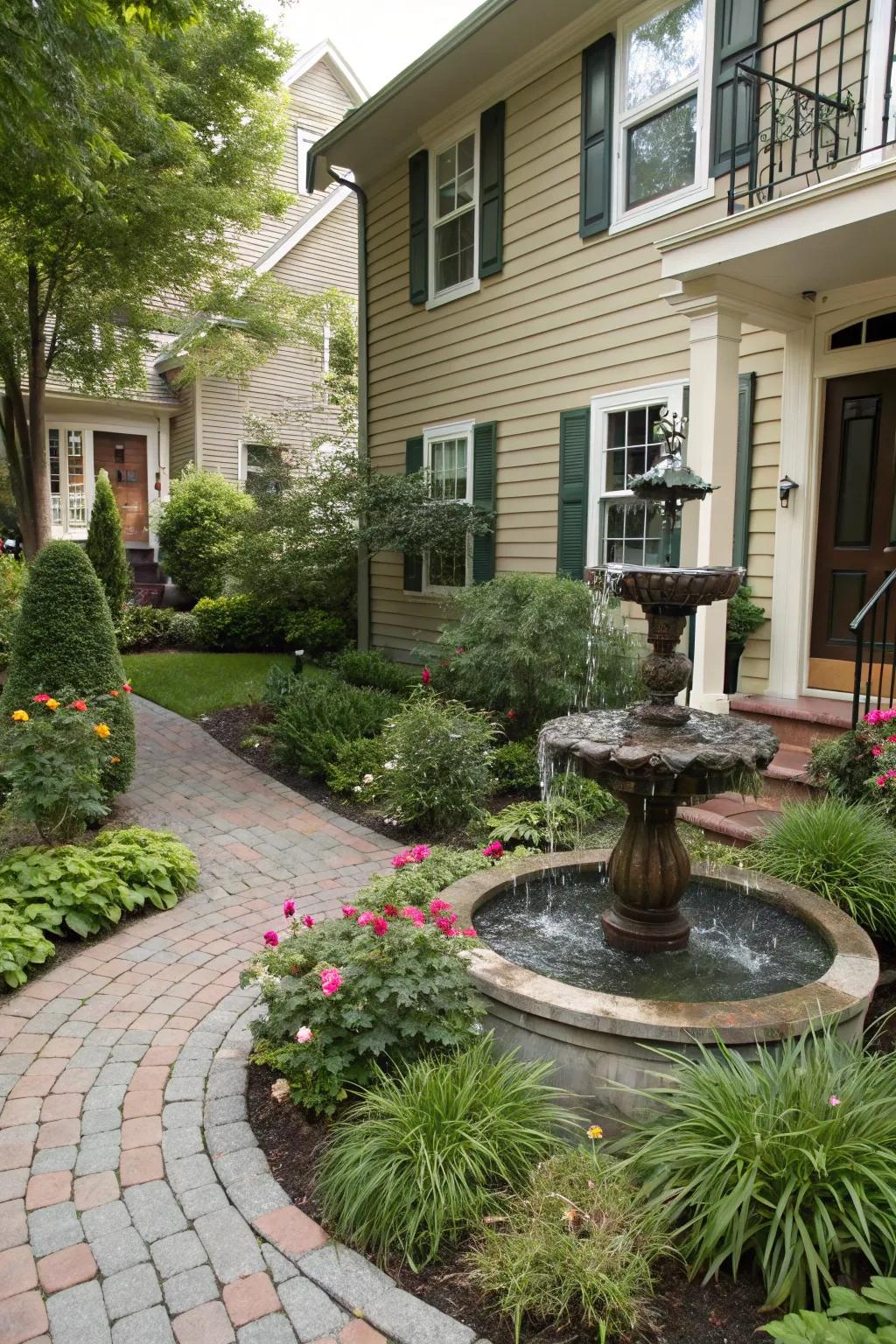 A serene water feature adding tranquility to a townhouse front yard.