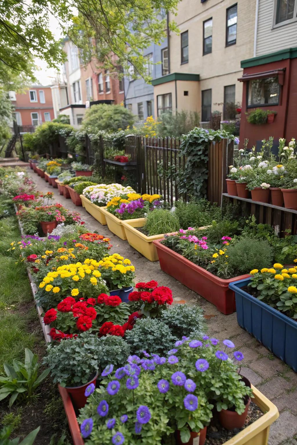 A variety of colorful container plants arranged in a townhouse garden.