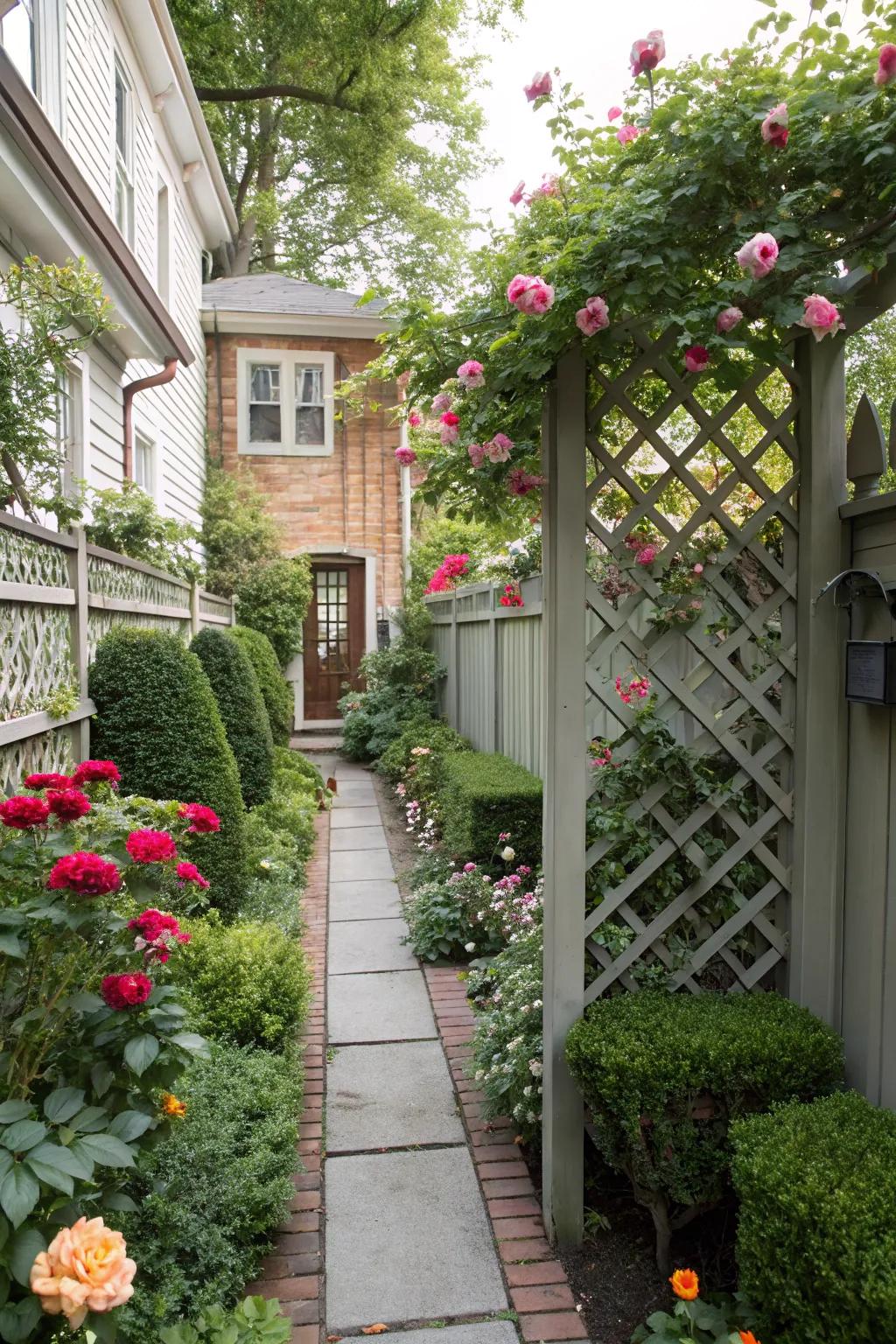 Lattice fences with climbing vines add a touch of romance and privacy.