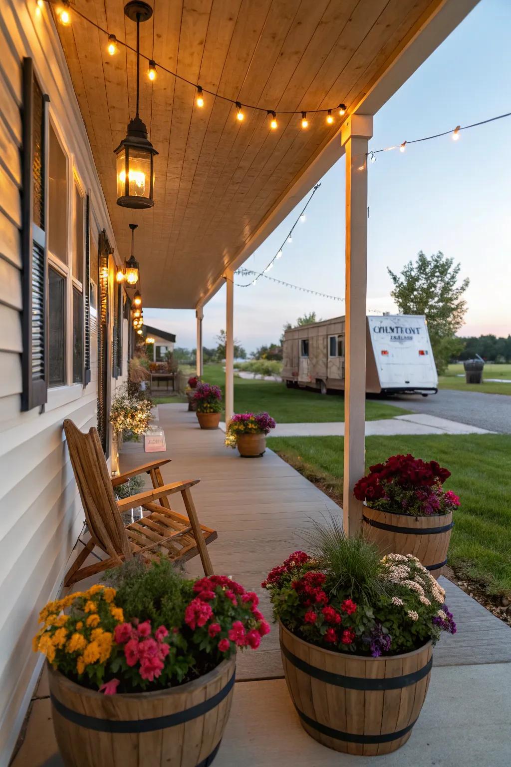 A trailer front porch adorned with stylish planters and lanterns.