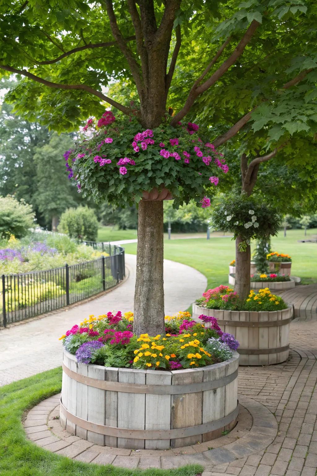 A tree highlighted by raised planters filled with vibrant flowers.