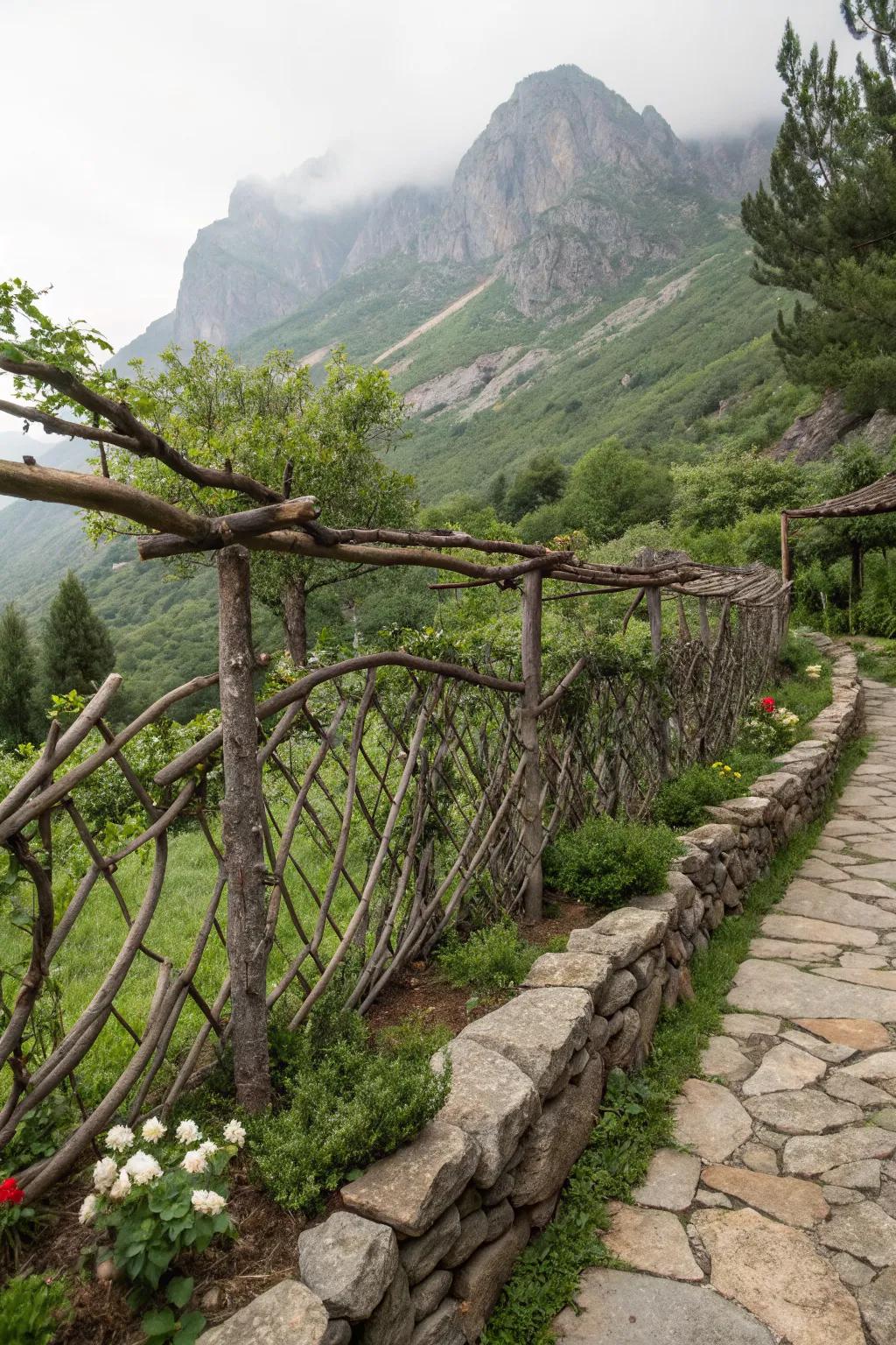 A branch and stone fence offers robust durability with natural aesthetics.