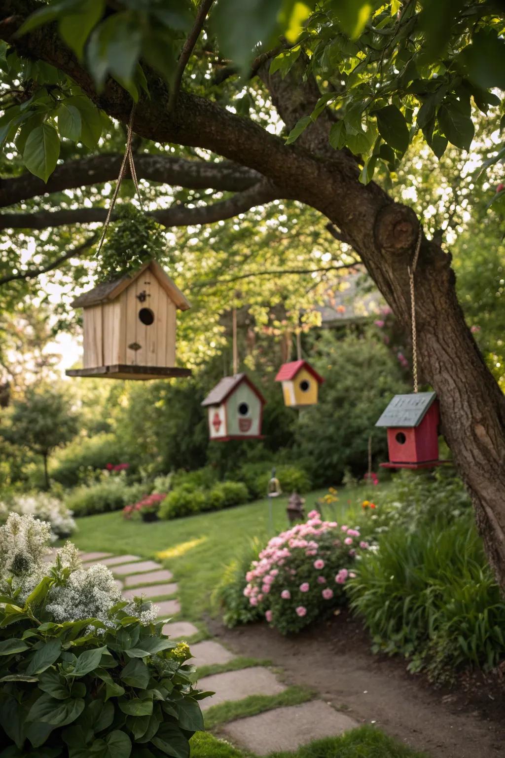 Tree with charming birdhouse decorations