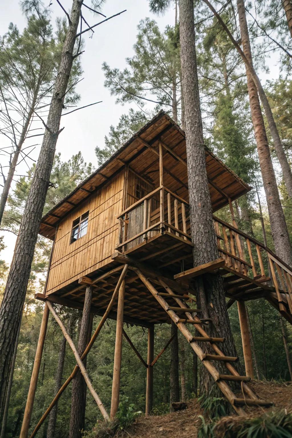 An eco-friendly tree house made with bamboo and recycled metal, showcasing sustainability.