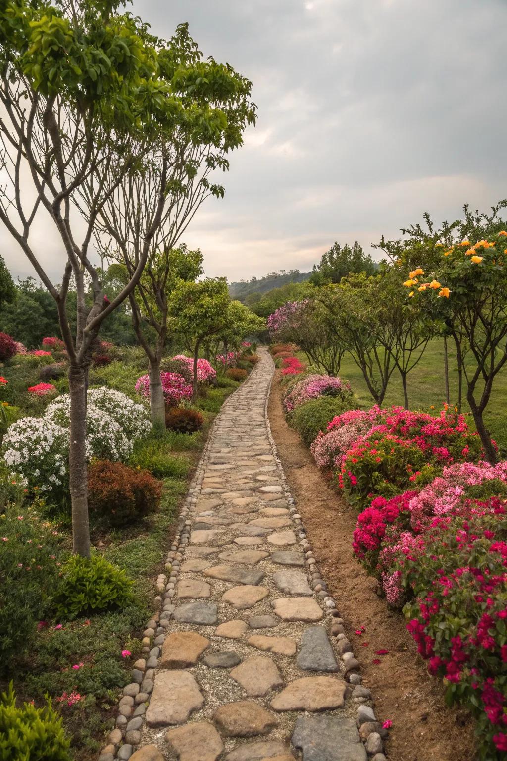 Create a magical walkway with tree-lined paths.
