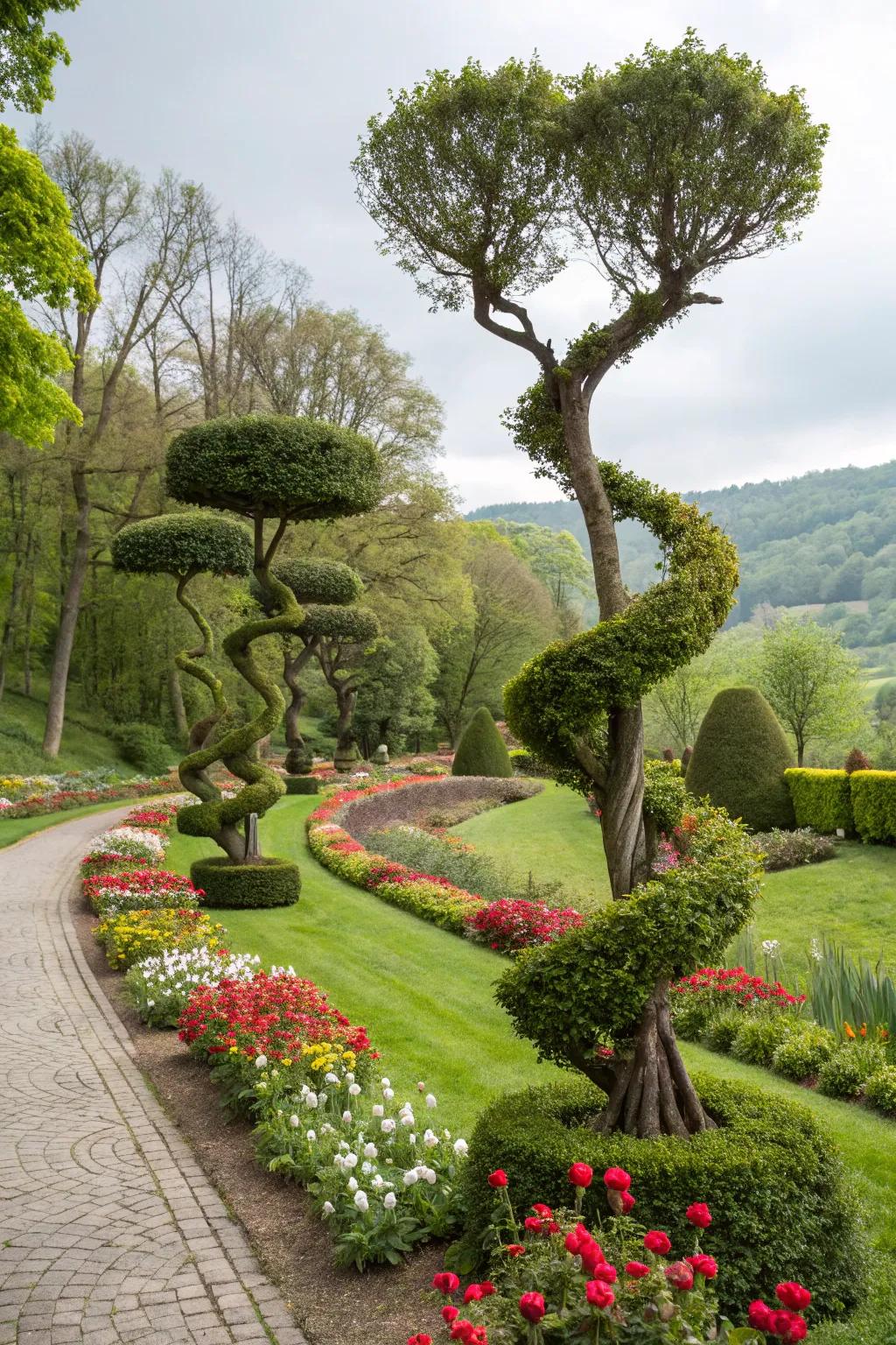 Twisting tree sculptures bring a playful element to your garden.