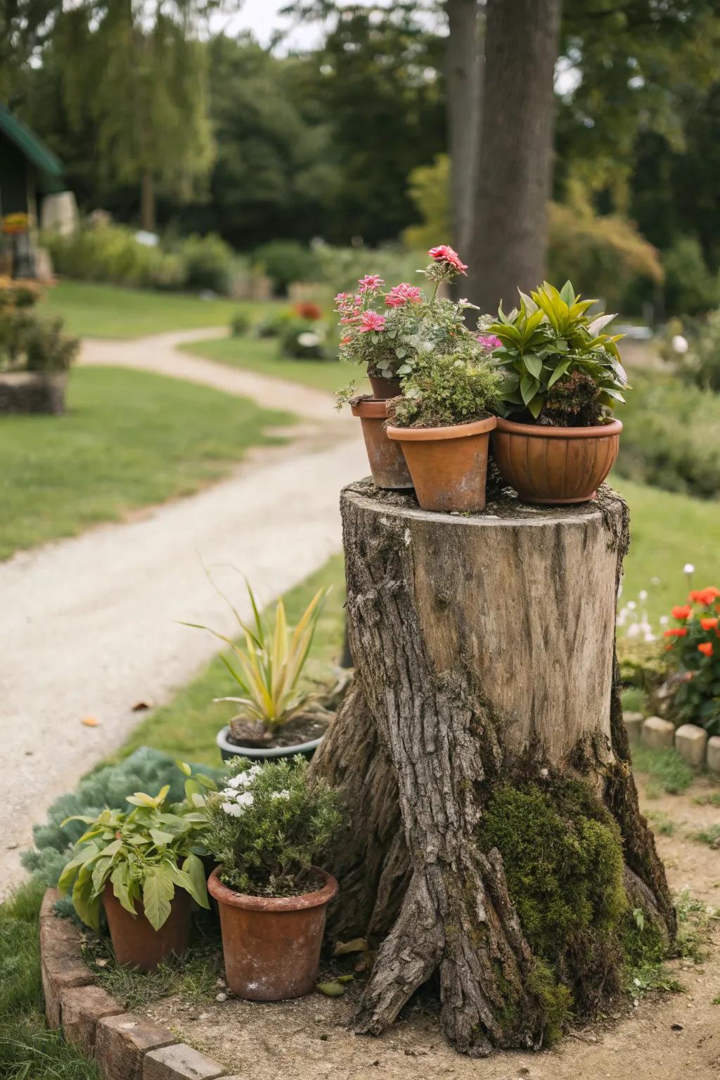 A tree stump serving as an elevated planter stand.