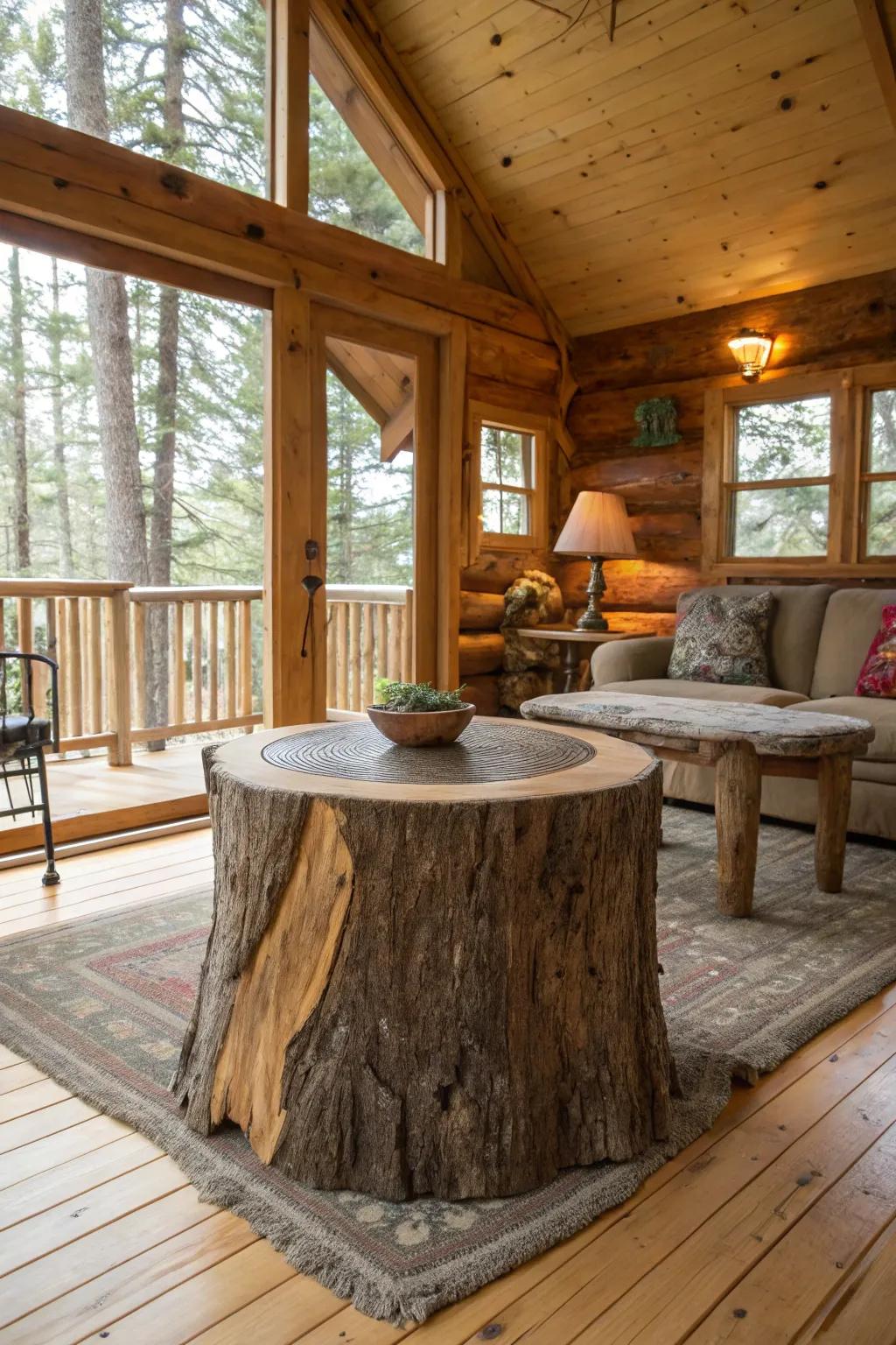Tree trunk coffee tables add natural charm to treehouse interiors.