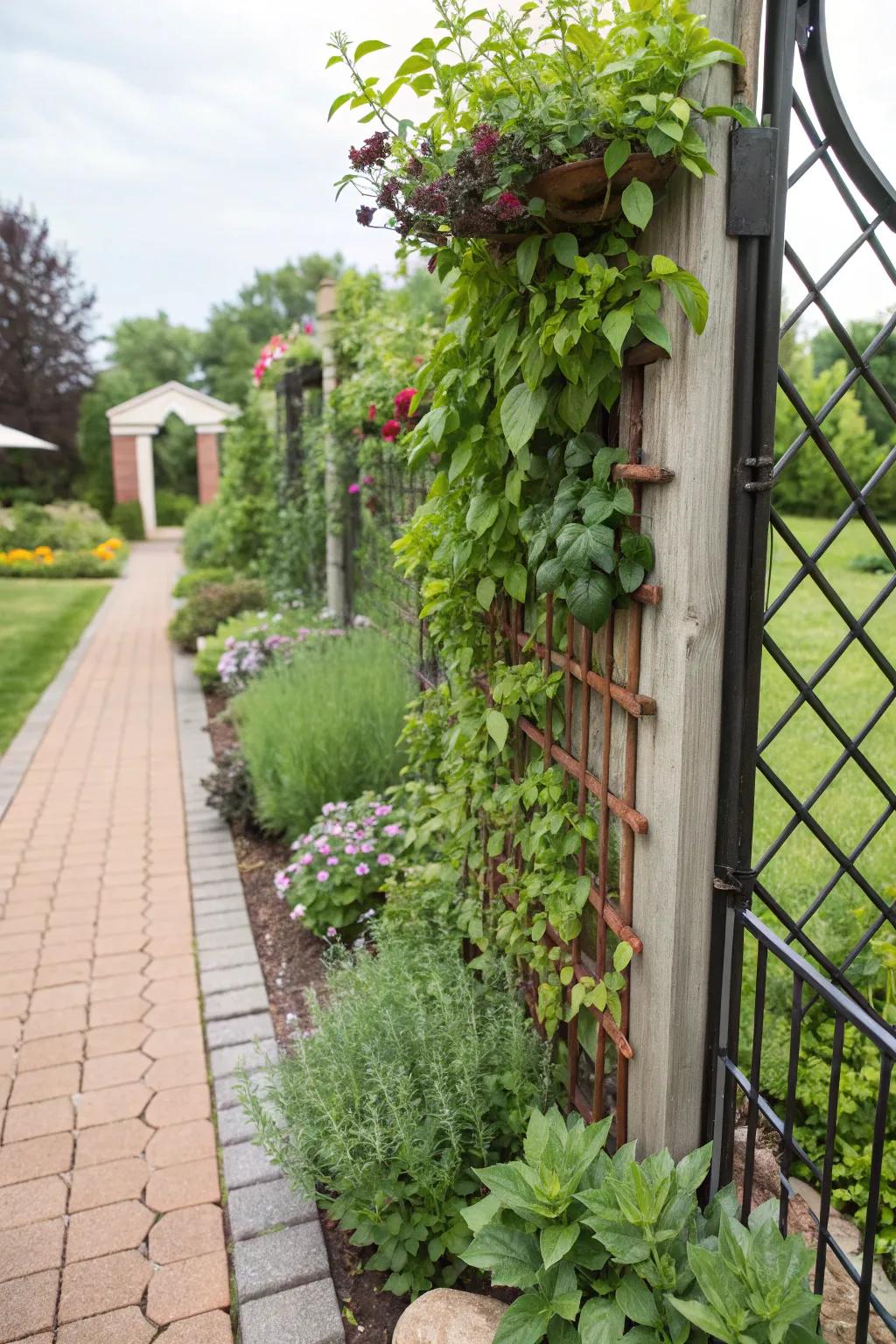 A vertical herb garden on a trellis offers fresh culinary delights.
