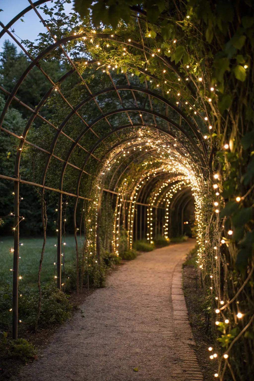 An enchanting trellis tunnel illuminated by fairy lights.