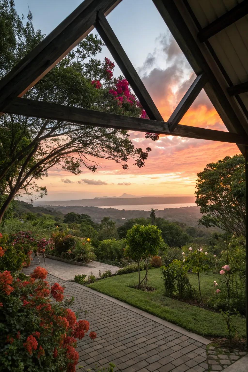 A triangle pergola perfectly framing a stunning garden view.
