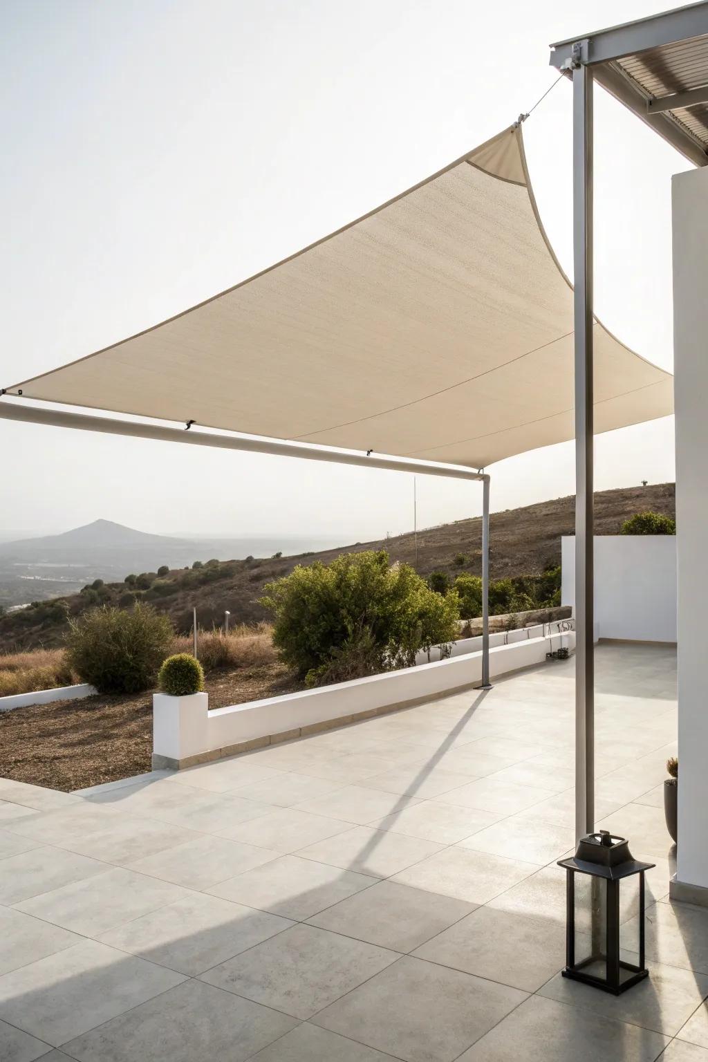 A minimalist triangle sun shade enhances the elegance of this patio.