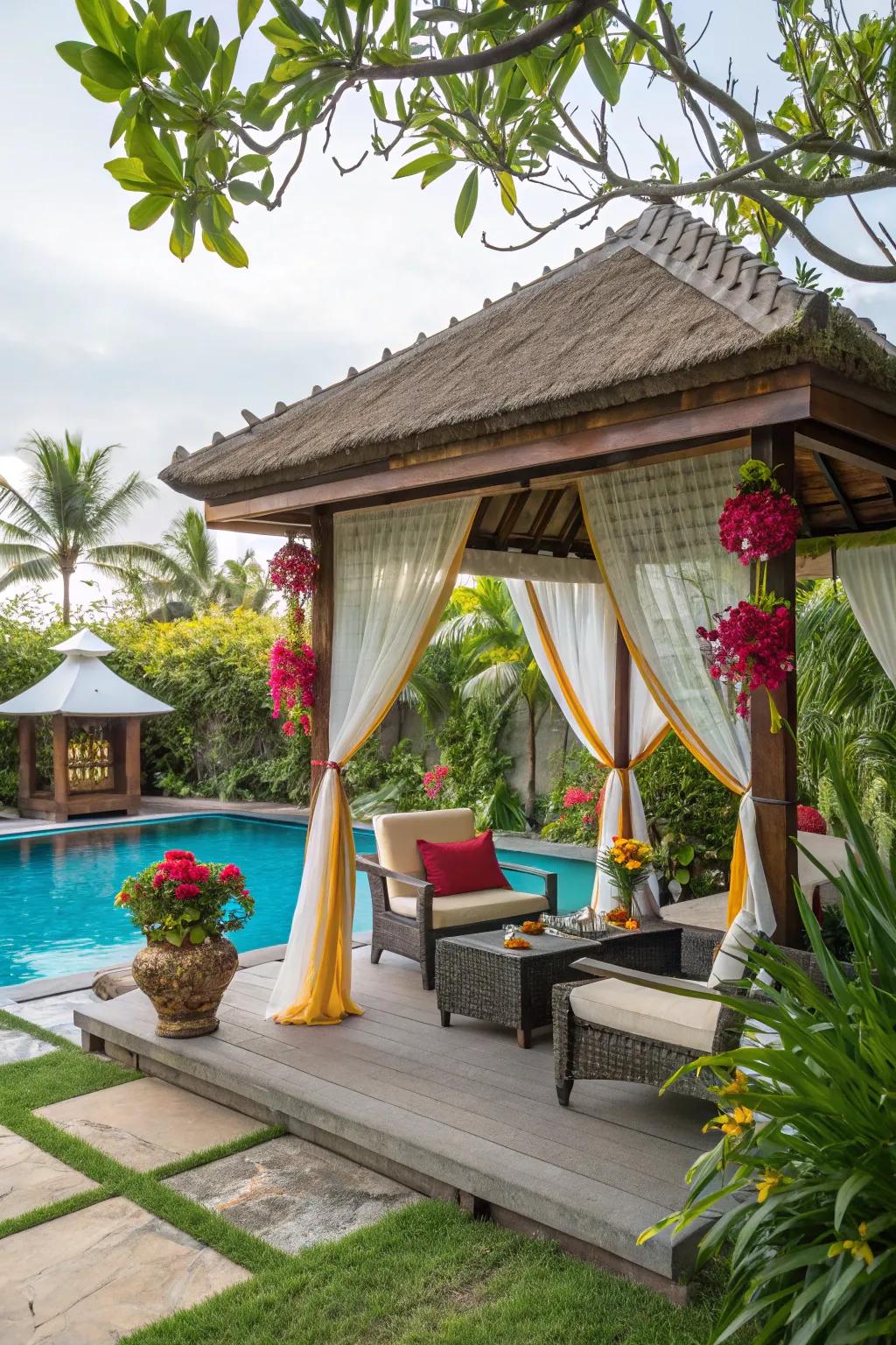 A cabana provides a stylish and shaded escape by the pool.
