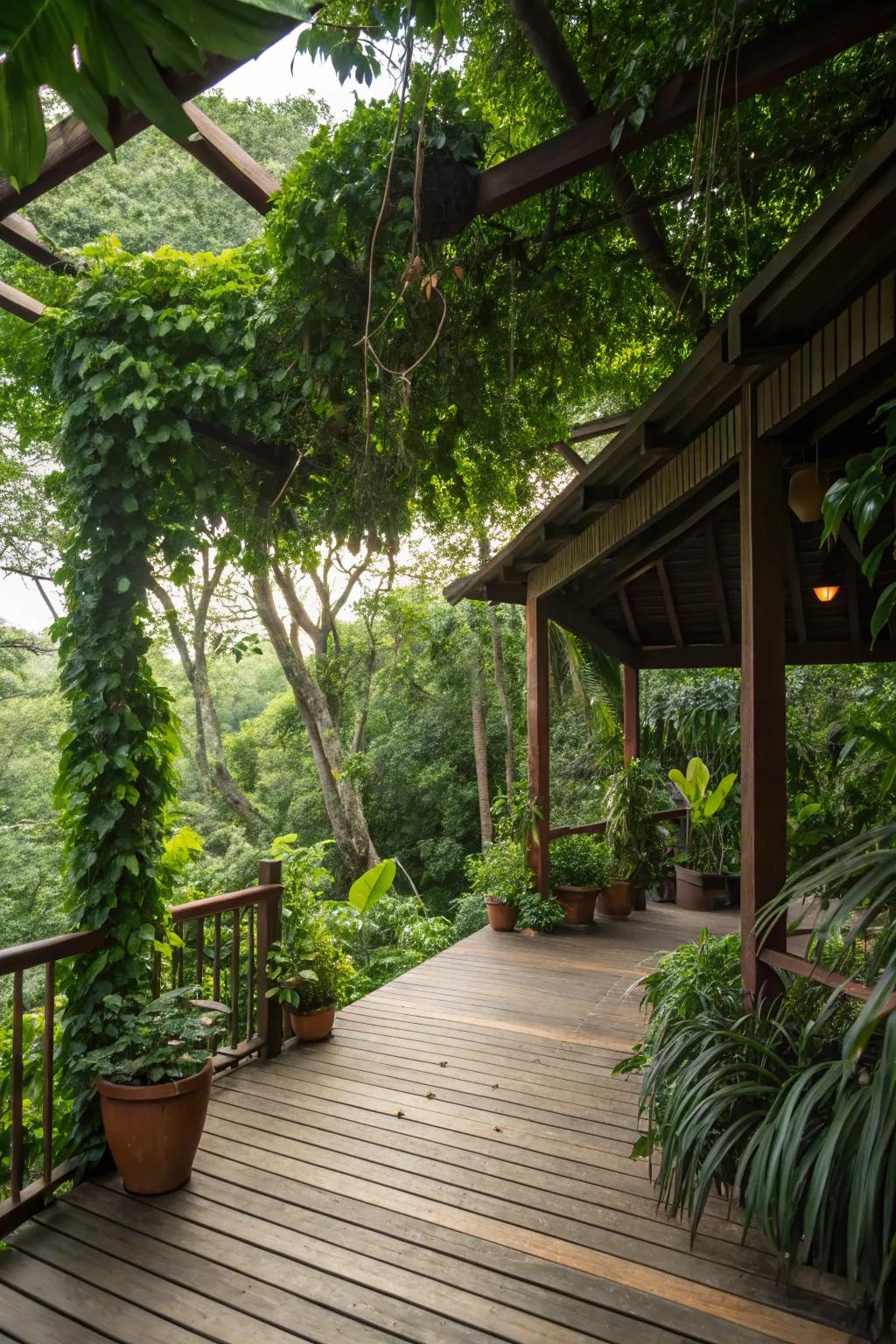 Dense foliage creates a private, secluded oasis on the deck.