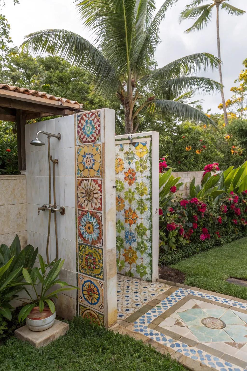 Infuse your outdoor shower with lively colors using vibrant tiles.
