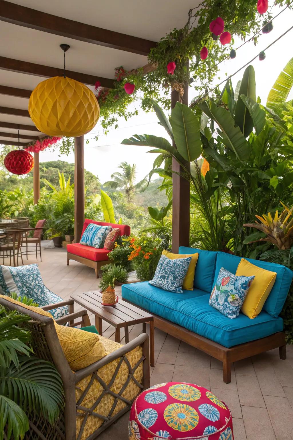 Vibrant colors add life and energy to this tropical patio.