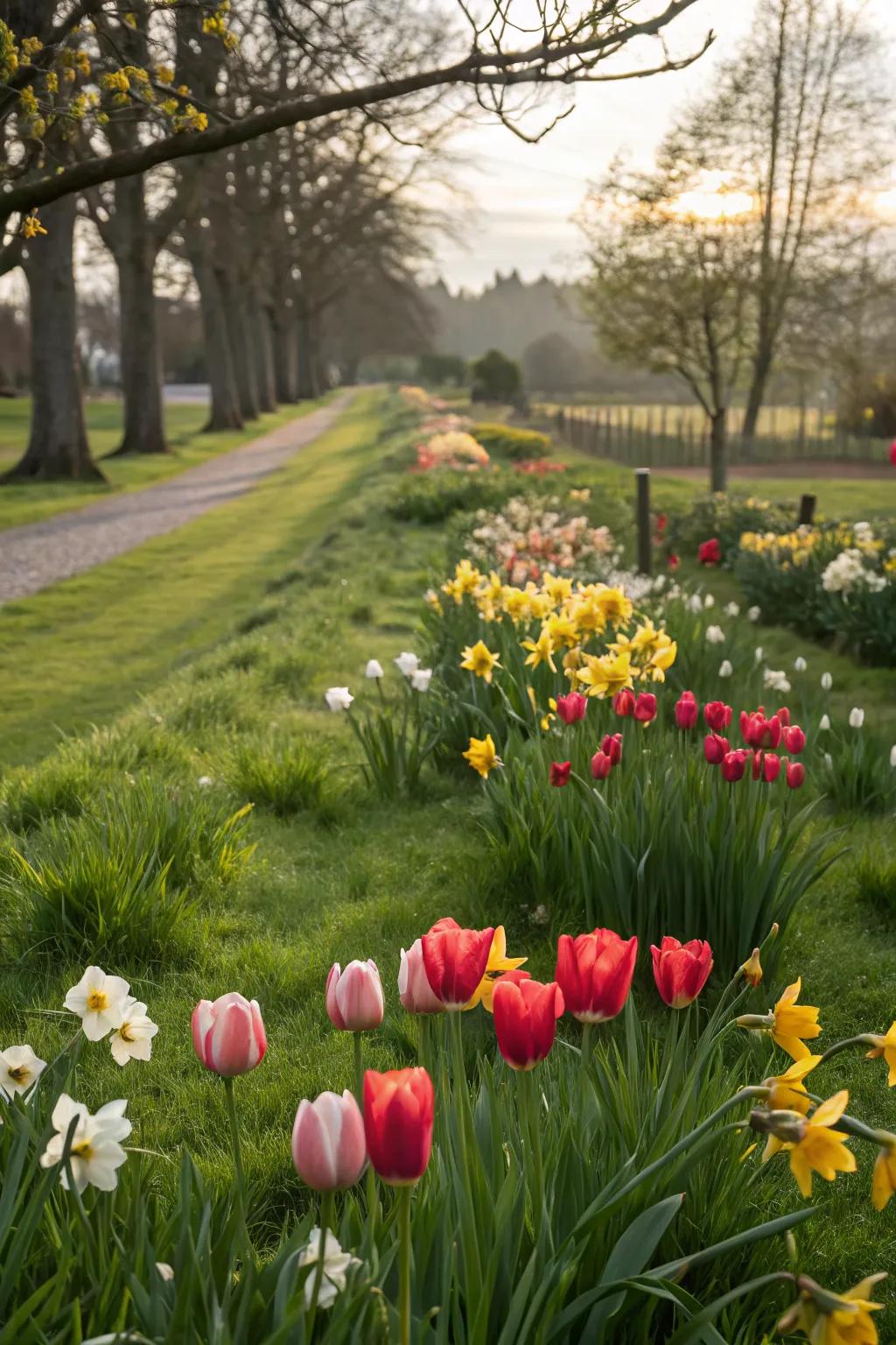 A naturalized garden with tulips and daffodils growing among the grass.