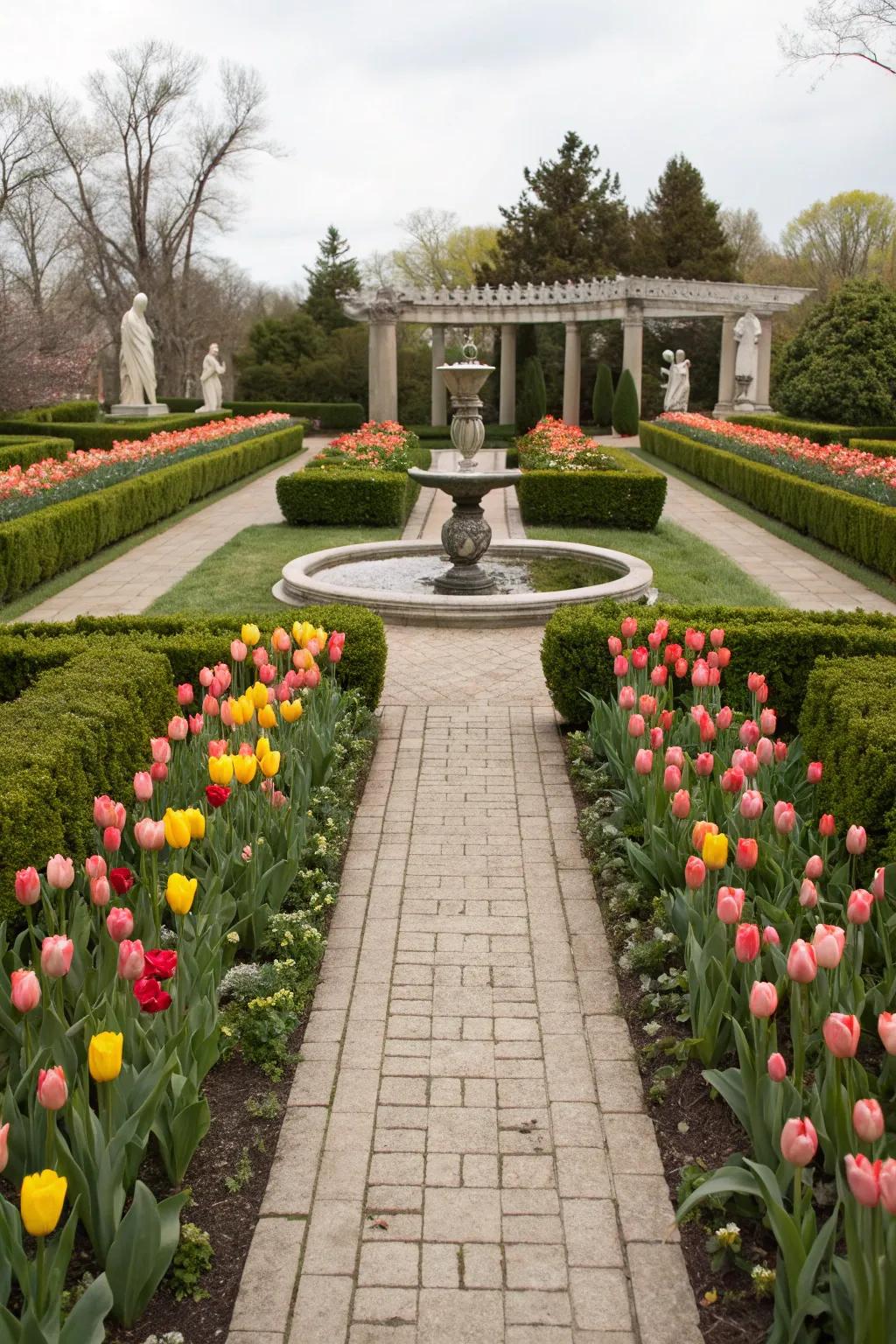 Formal garden featuring symmetrical tulip arrangements.