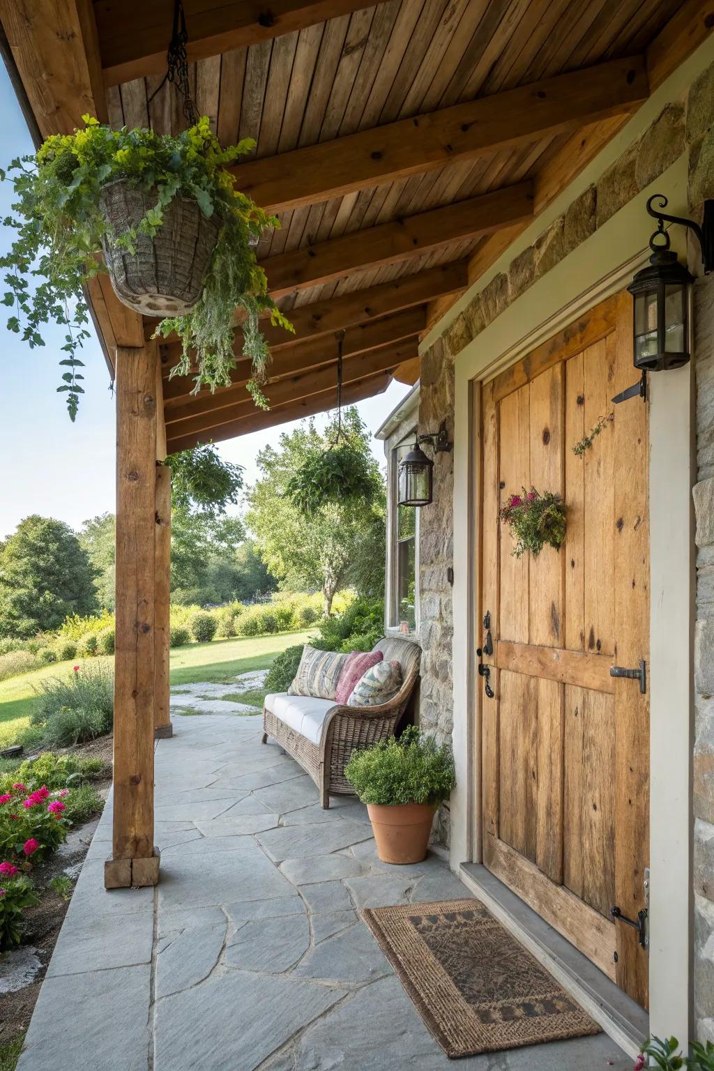 Rustic wooden accents enhance the Tuscan feel of the porch.