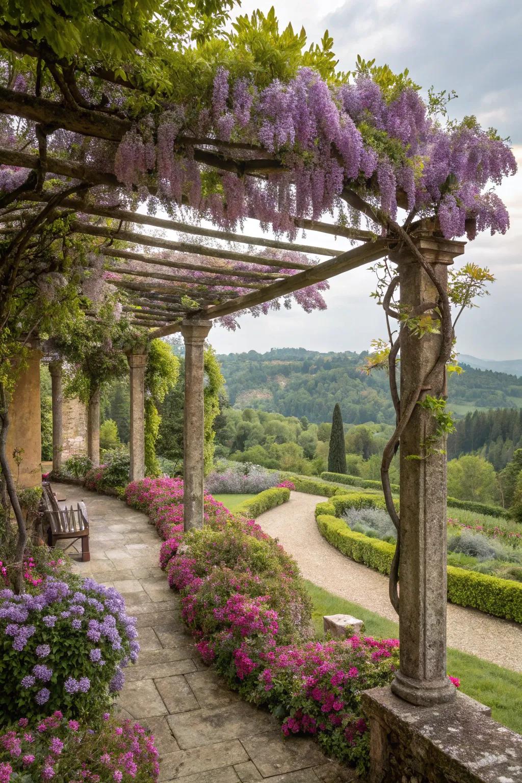 A pergola with climbing vines offers shade and elegance.