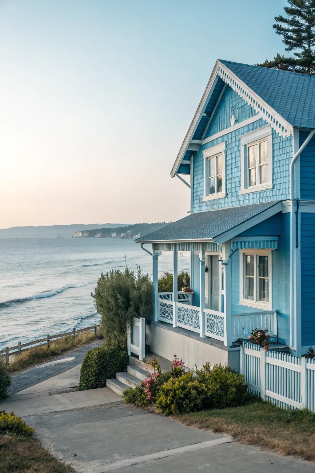 Cool blue and white harmonize beautifully in this coastal setting.
