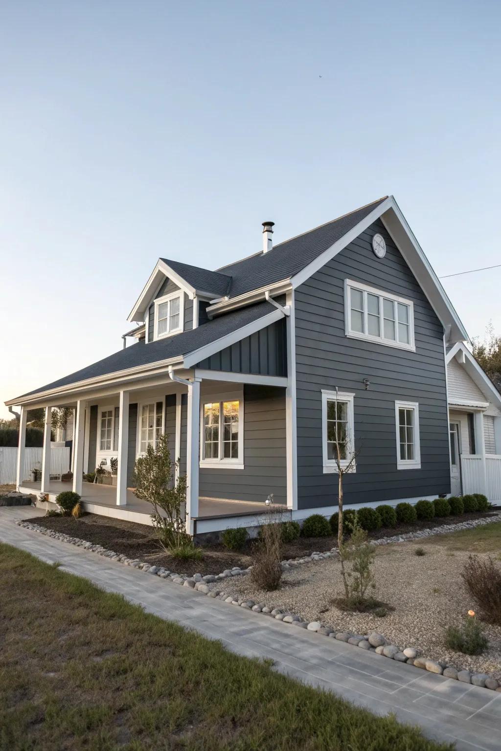 Charcoal gray and white offer a sleek and modern exterior.