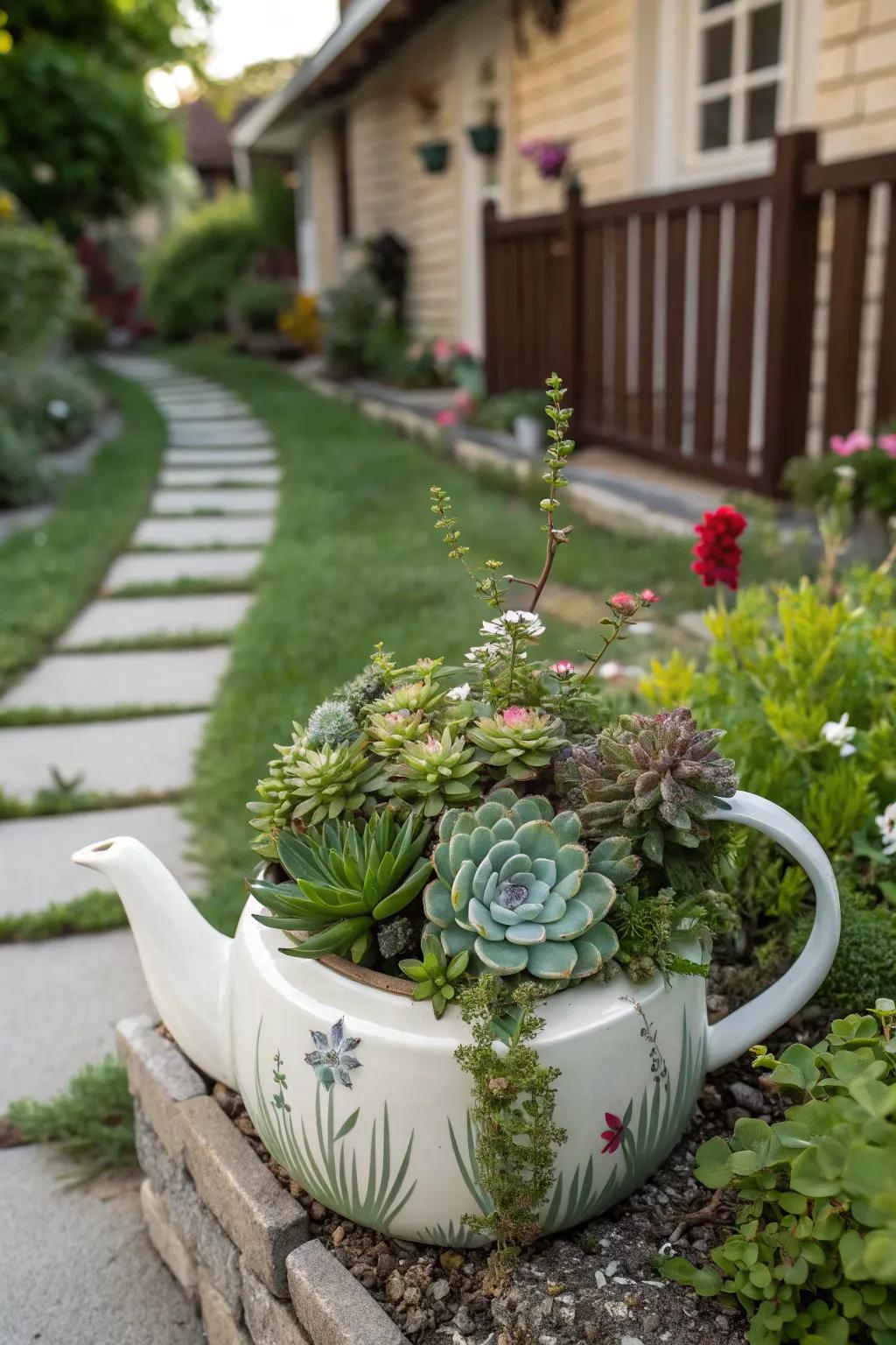 Teapots make delightful planters for cascading succulents.