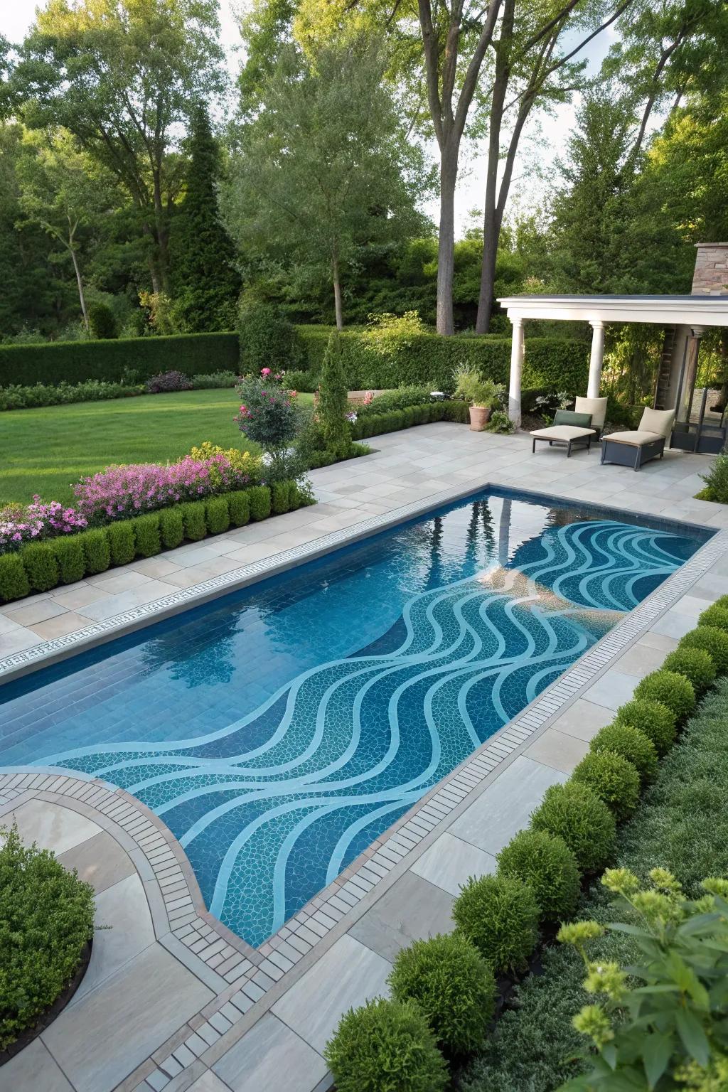 A pool with illusionary paint design creating 3D wave effects.