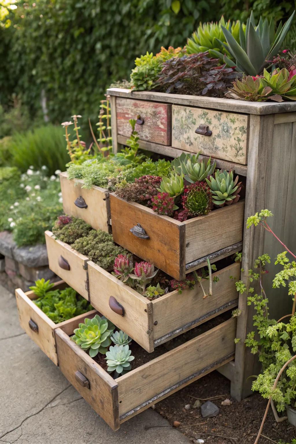 Dresser drawers creatively upcycled into a succulent display.
