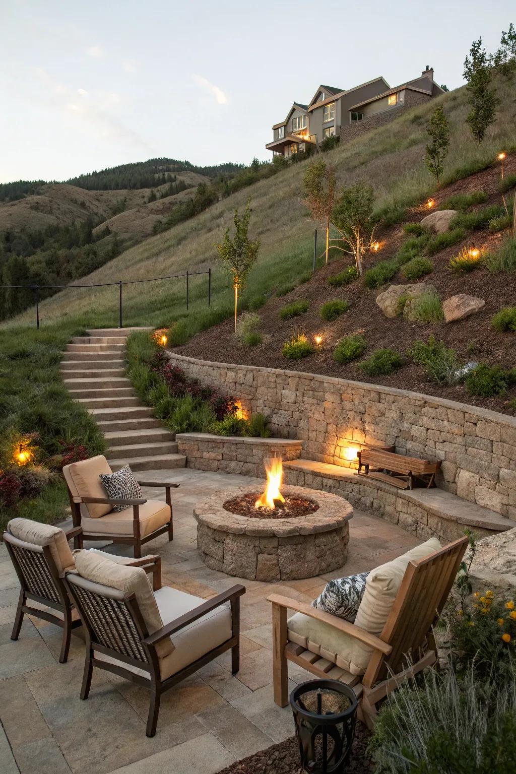 A fire pit adds warmth and charm to outdoor gatherings.
