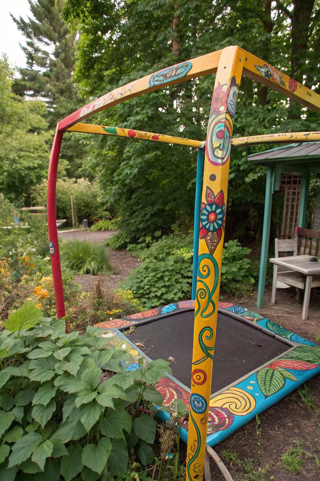 Transform your trampoline into an artistic sculpture with bold colors and creativity.